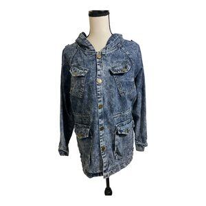 Bodyline womens jean jacket hooded snap buttons drawstring inside waist.Small